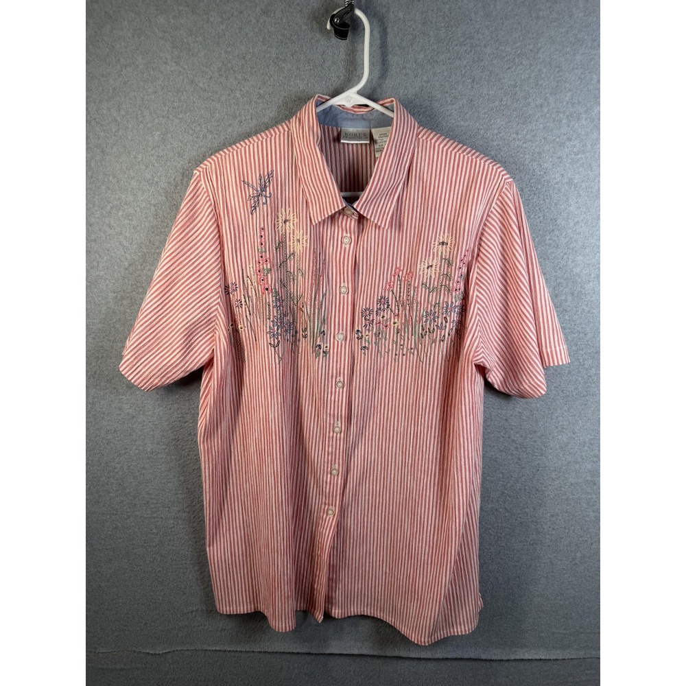 Koret Francisca Shirt Womens 16W Red Stripe Floral Short Sleeve Embroidered Top